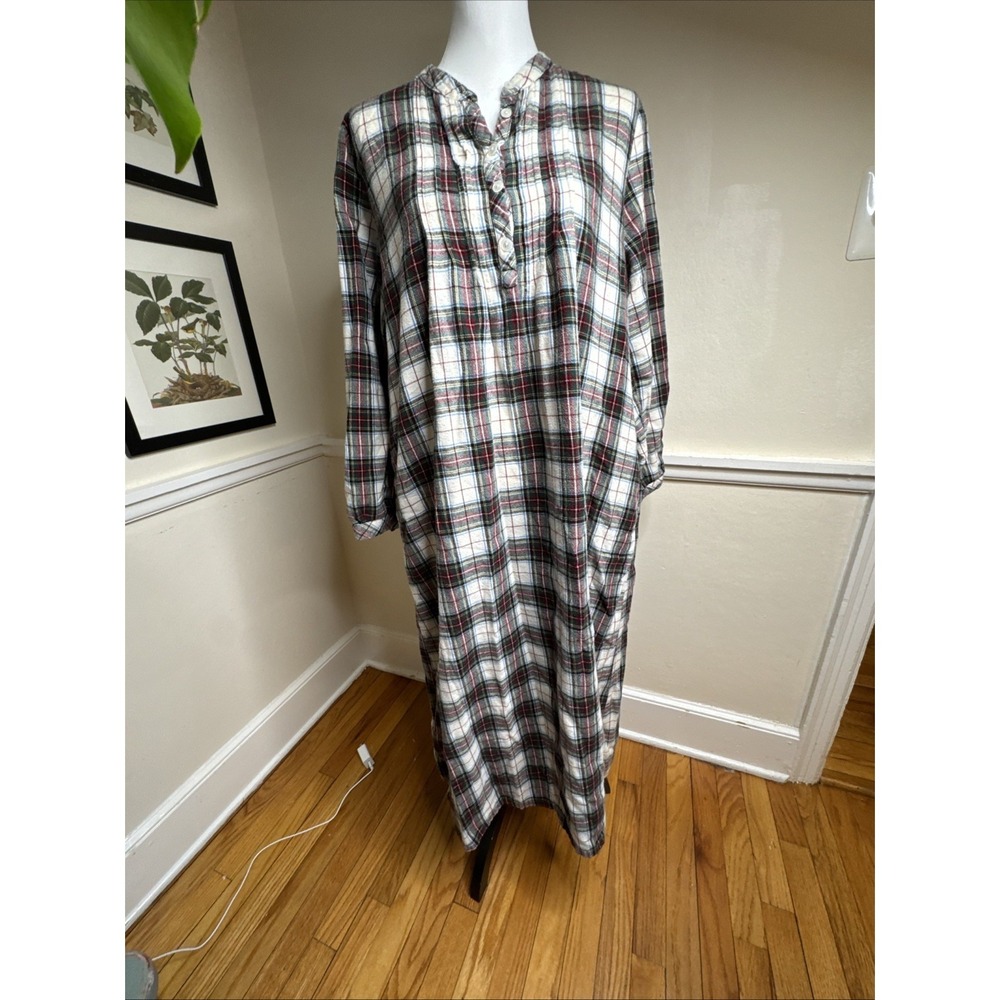 LL bean women tartan plaid flannel nightgown pajamas prairie peasant M long PJ